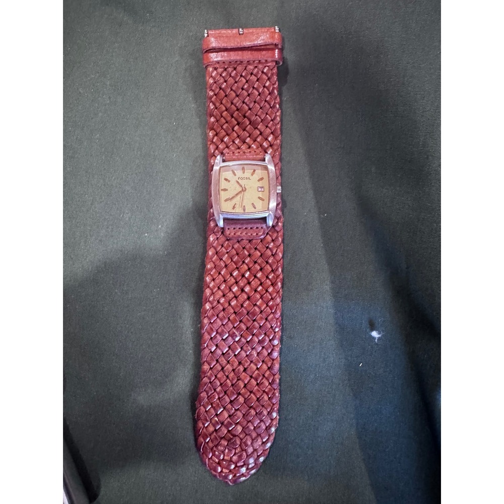 Fossil Womens Square Silver Tone Date Watch Brown Woven Leather Cuff Band